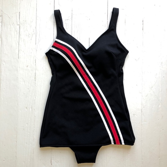 Vintage Other - VINTAGE One Piece Black Swimsuit w/ Red Stripe